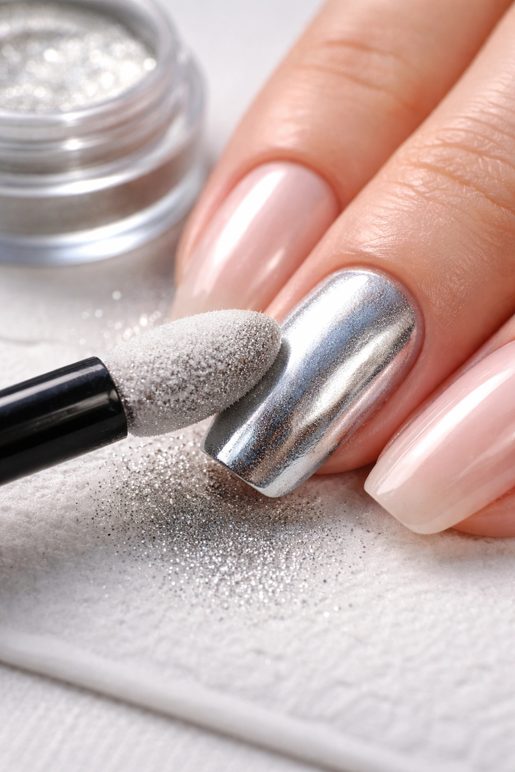Close-up of a gel-coated nail with chrome powder application