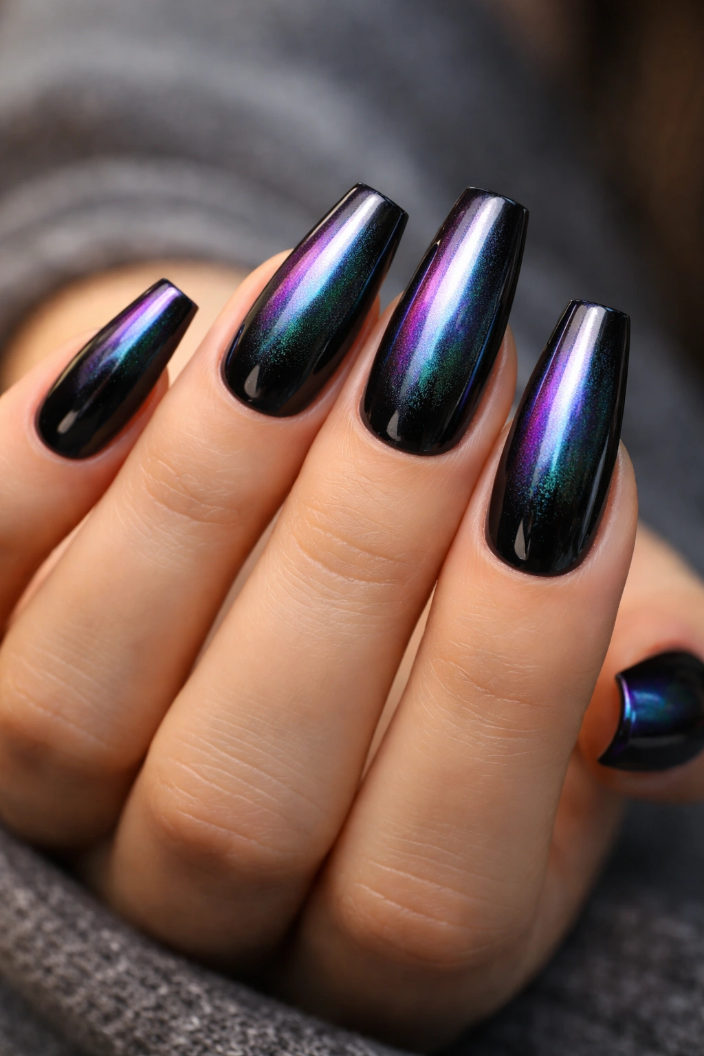 Black coffin nails with holographic chrome powder finish