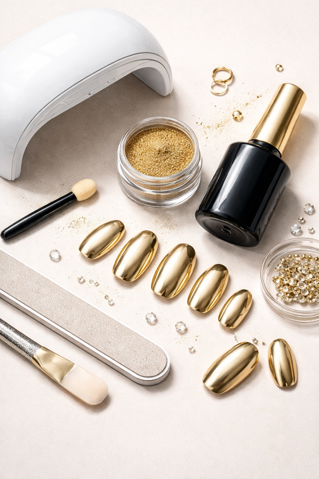 Chrome manicure supplies flat lay: chrome powder, no-wipe topcoat, UV lamp