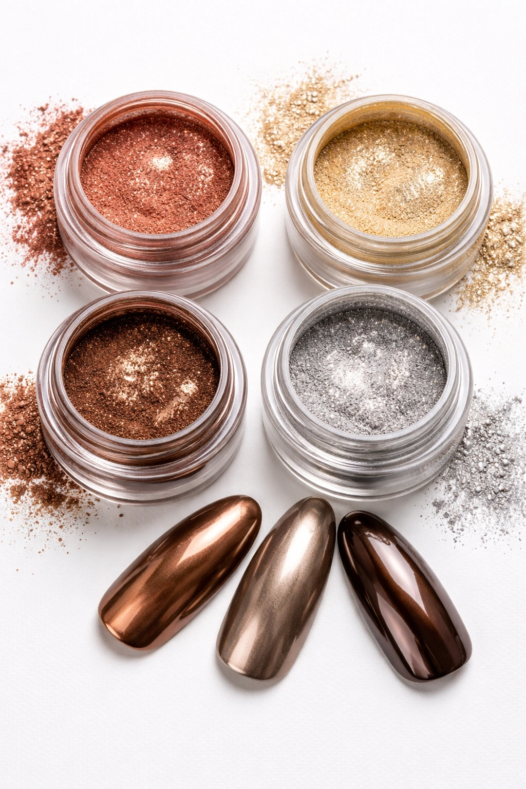 Open containers of chrome powder colors on a clean surface with no labels visible.