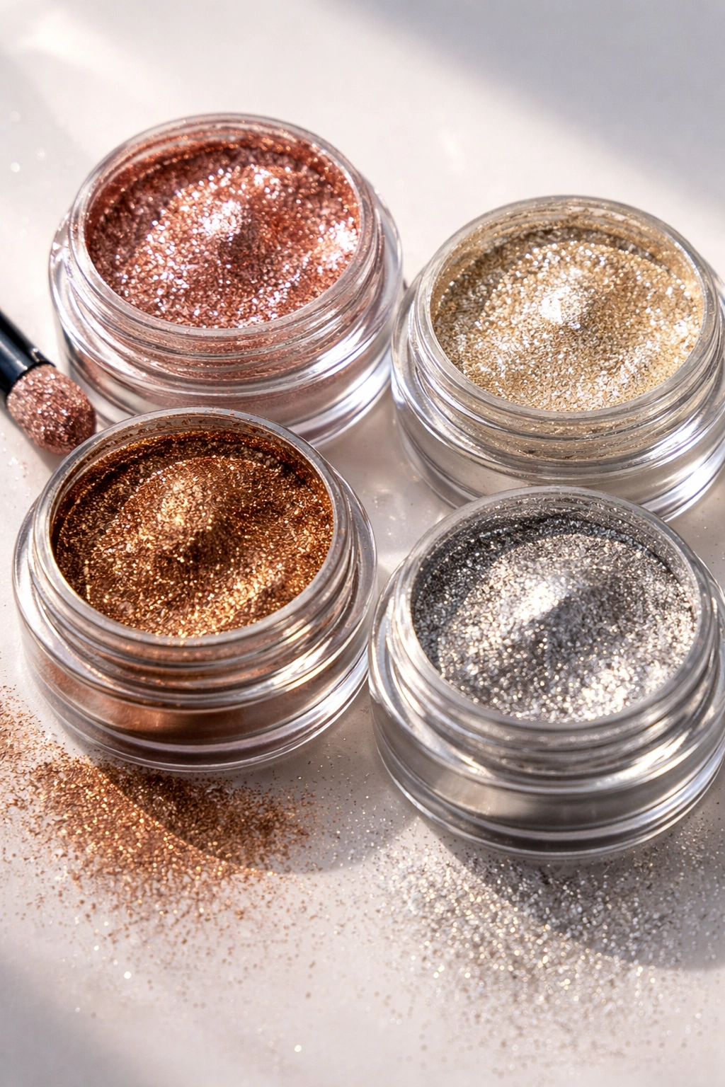 Chrome powder jars in rose gold, champagne, bronze, and silver on a clean surface
