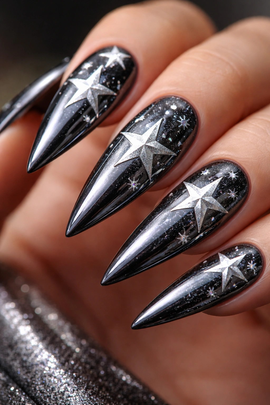 Stiletto nails featuring chrome powder star accents with reflective metallic sheen