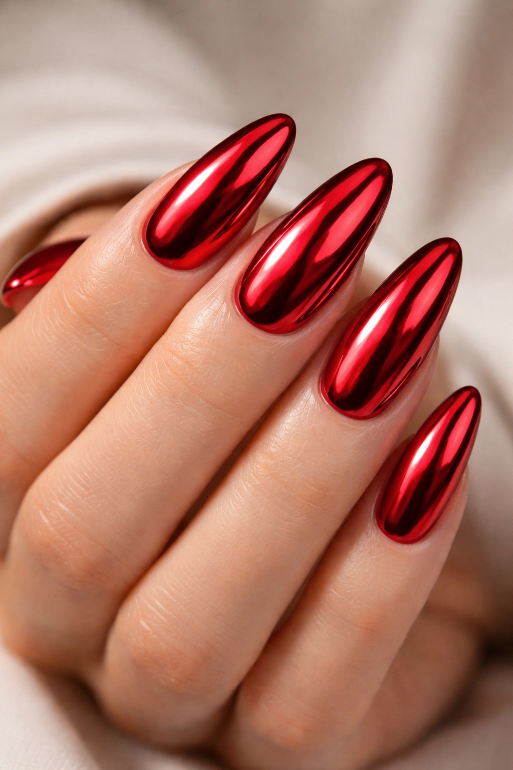 Chrome red nails with mirror-like metallic finish