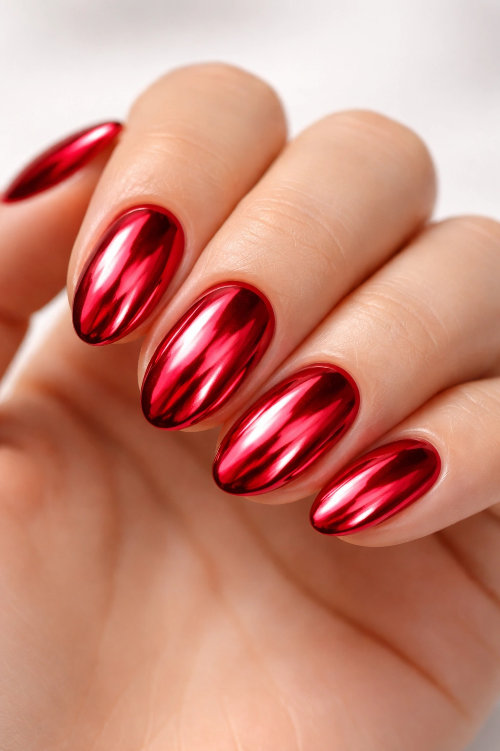 Short almond nails with chrome red mirror finish and reflective surface