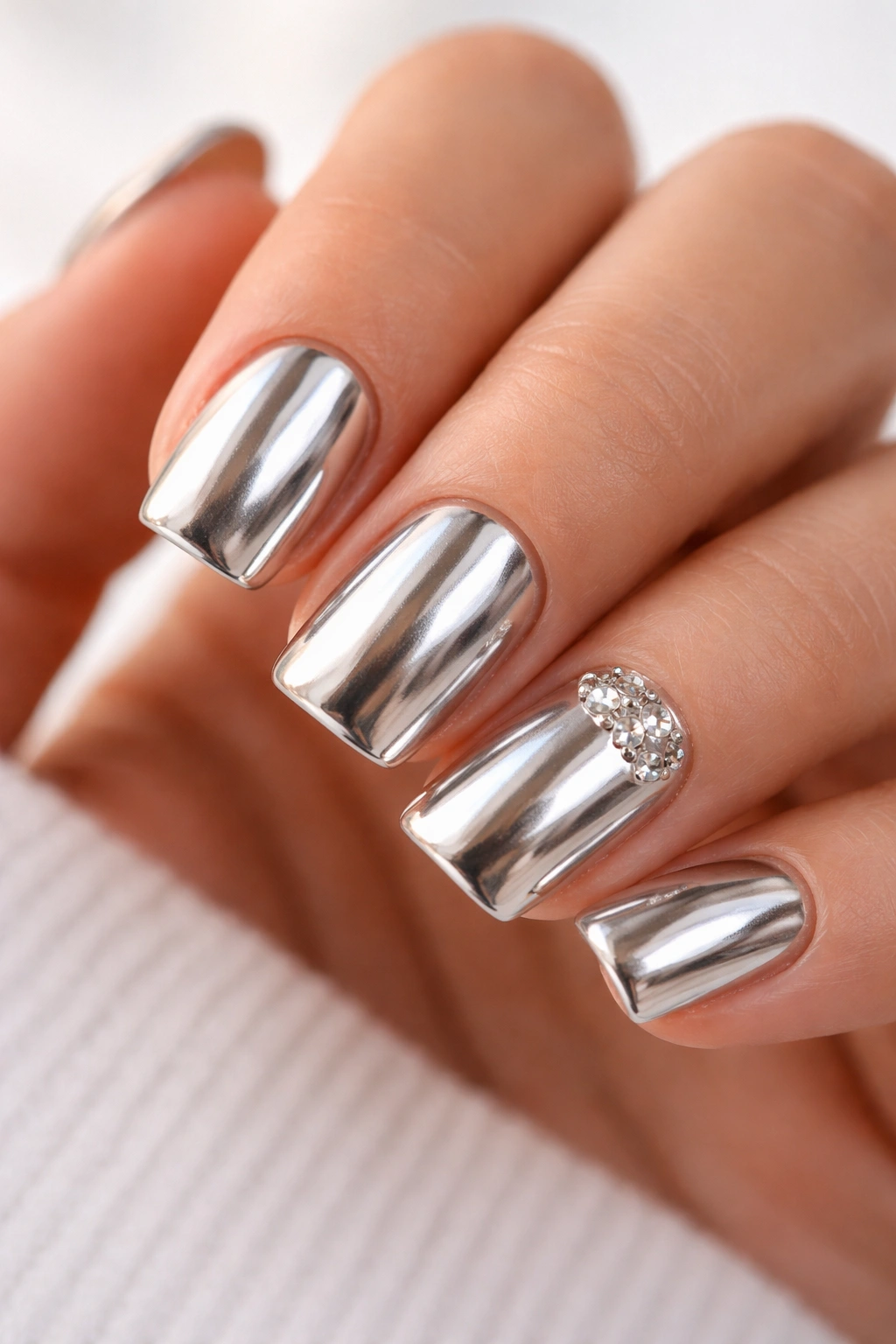 Close-up of short chrome nails with a rhinestone accent on one nail