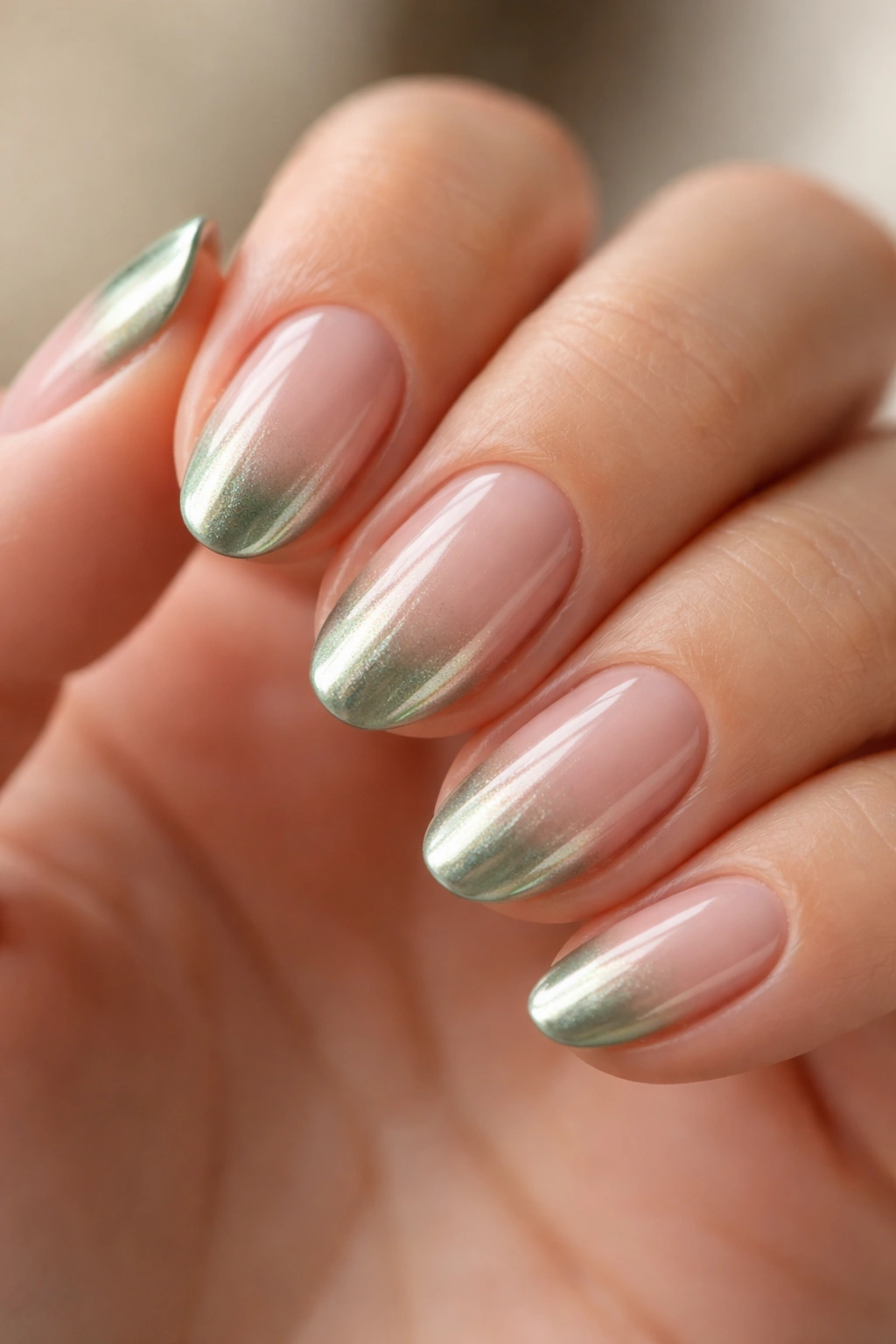 Close-up of short almond nails with chrome sage tips