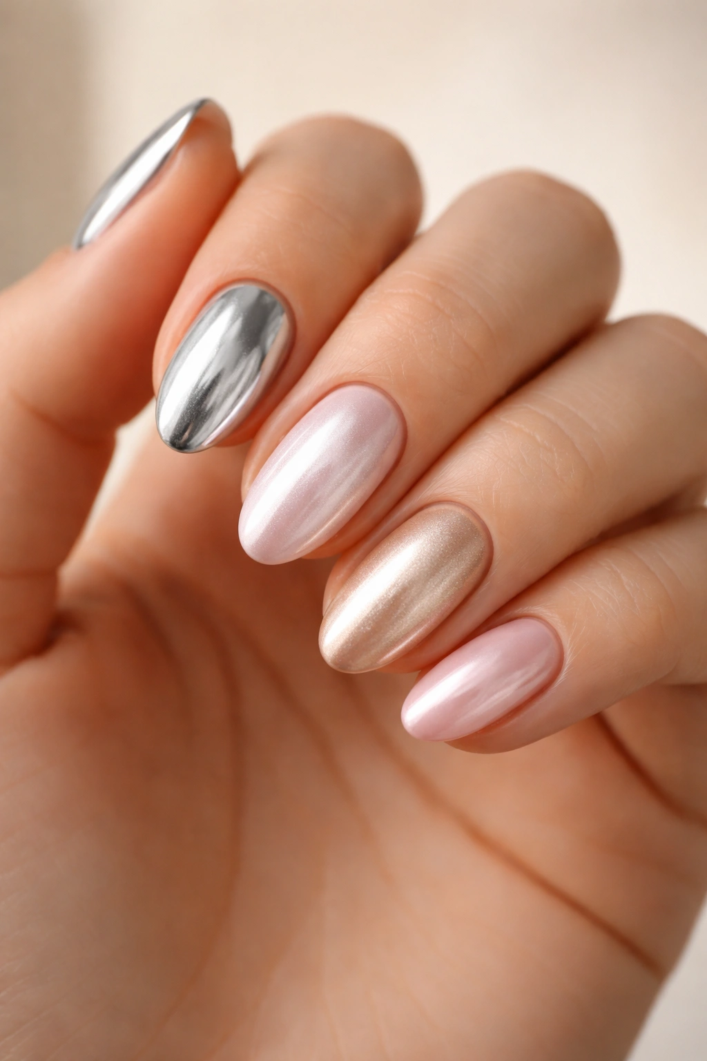 Close-up of short almond nails in multiple chrome shades