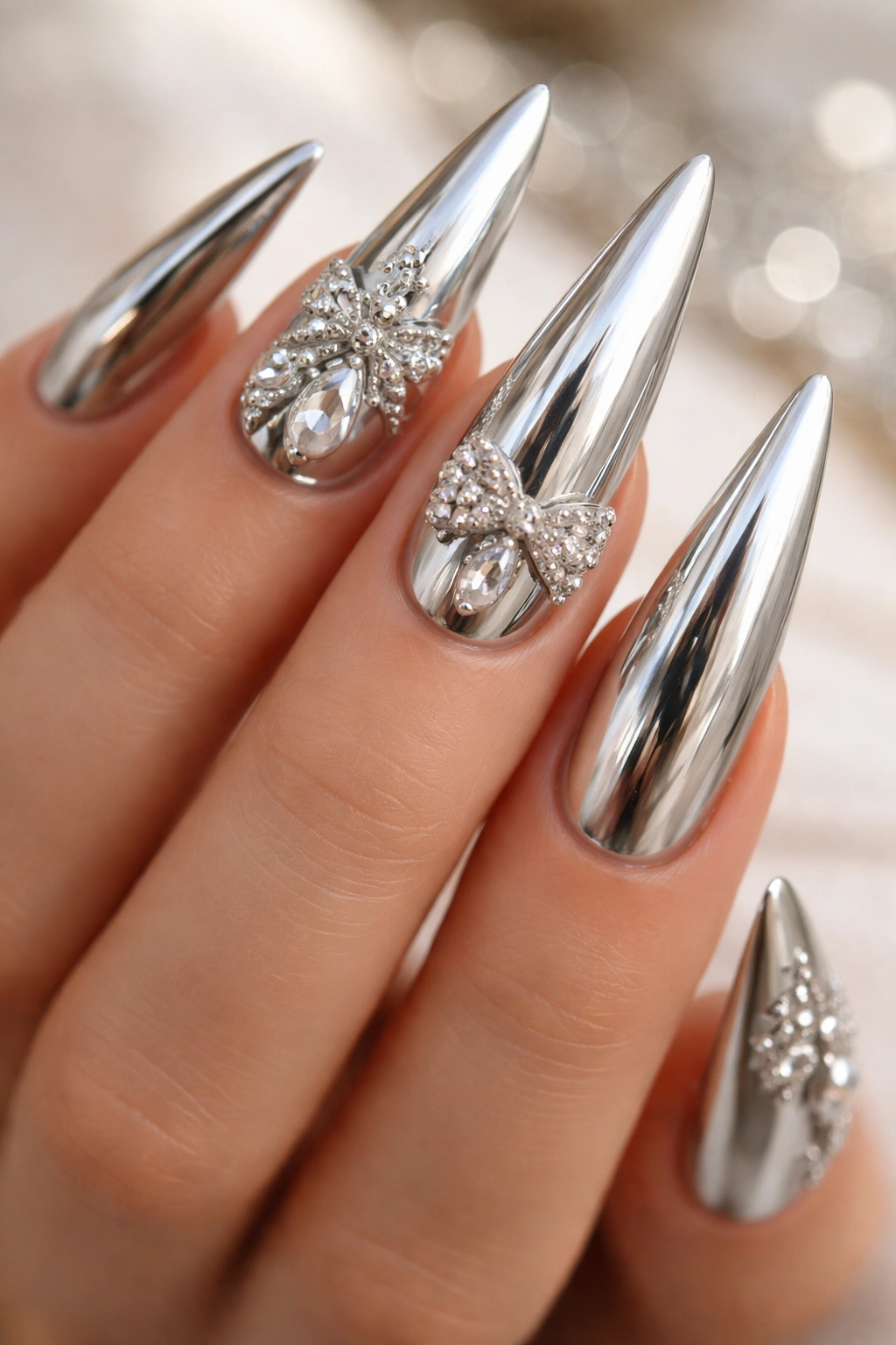 Close-up of chrome silver nails featuring small 3D elements on accent nails