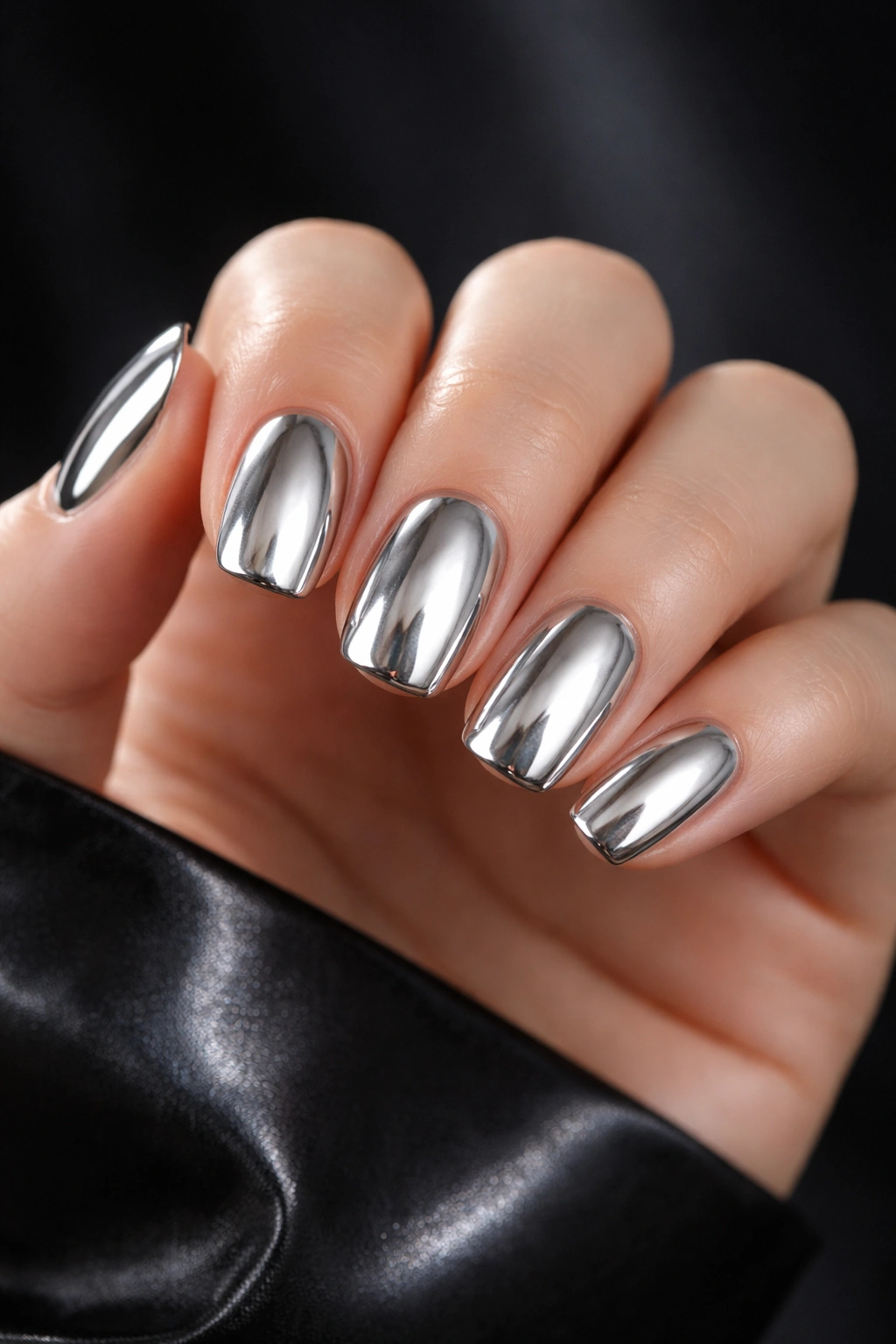 Close-up of chrome silver nails on a hand with a dark background