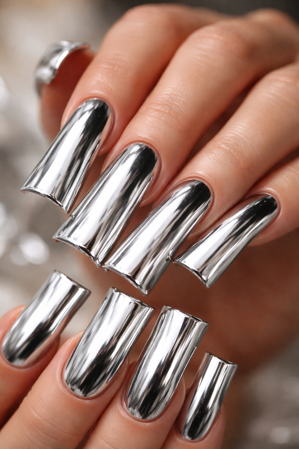 Close-up of chrome mirror finish nails on extra-long duck nails