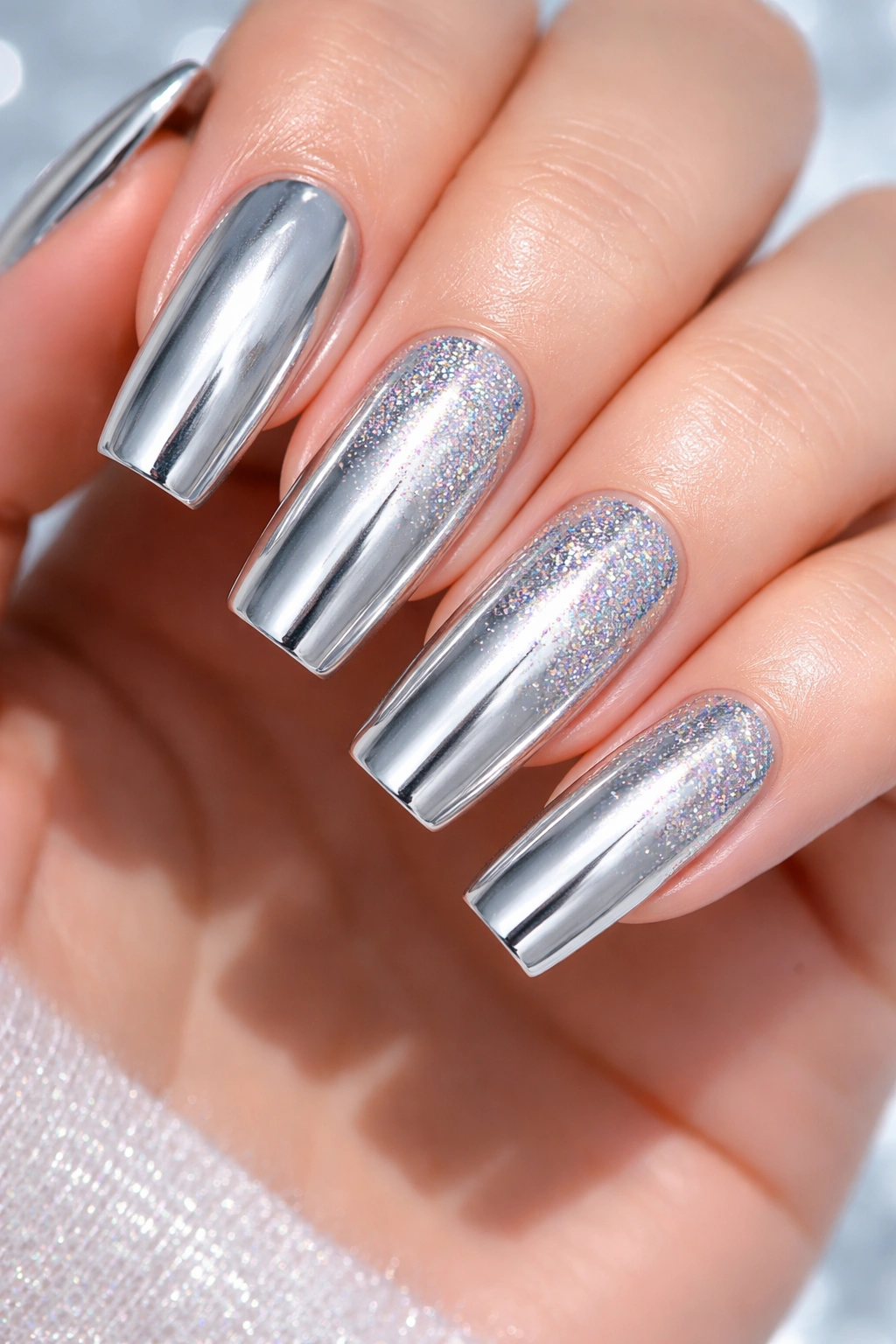 Long squoval nails with chrome silver finish and holographic glitter on select nails