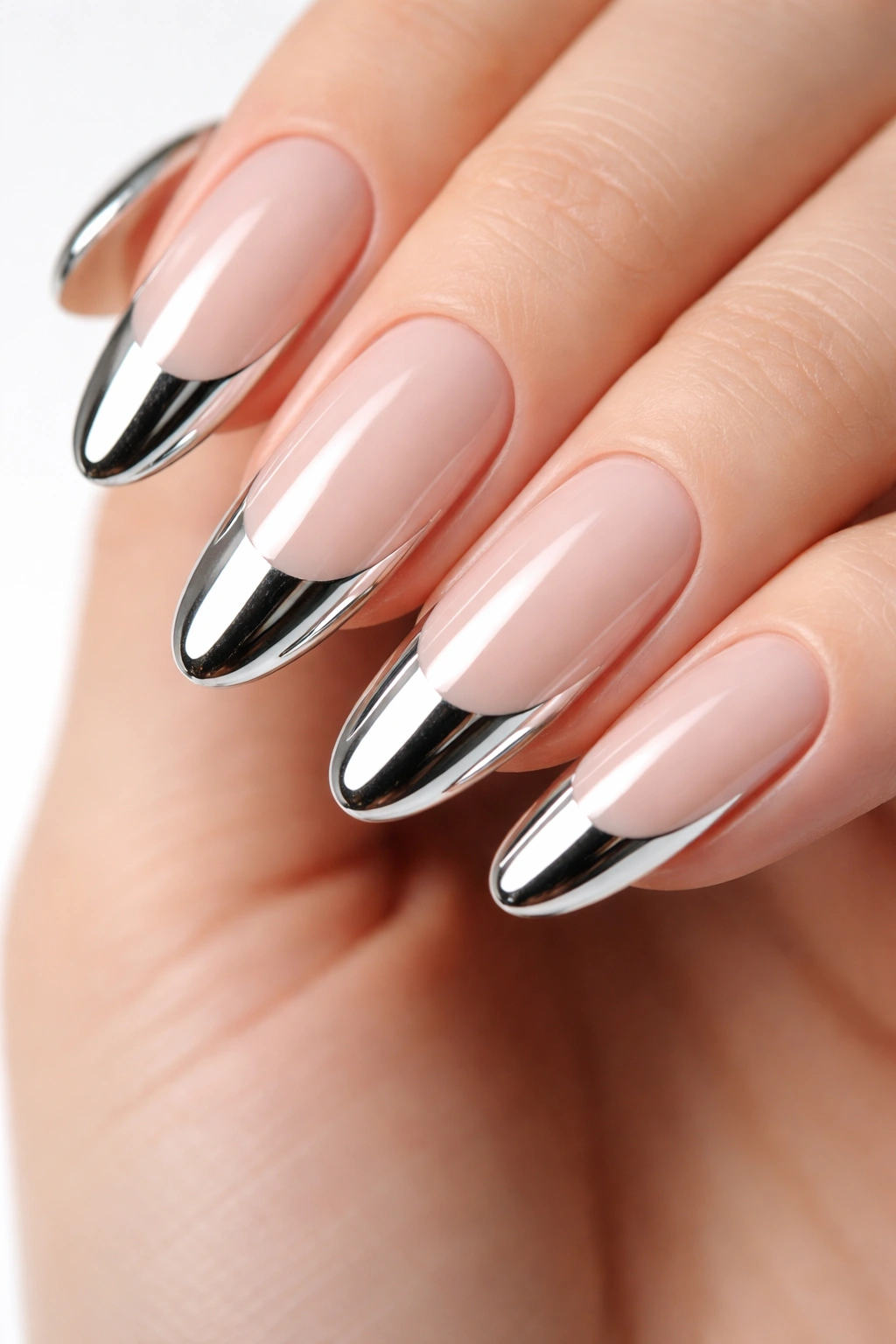 Close-up of long oval nails with chrome silver tips on nude base