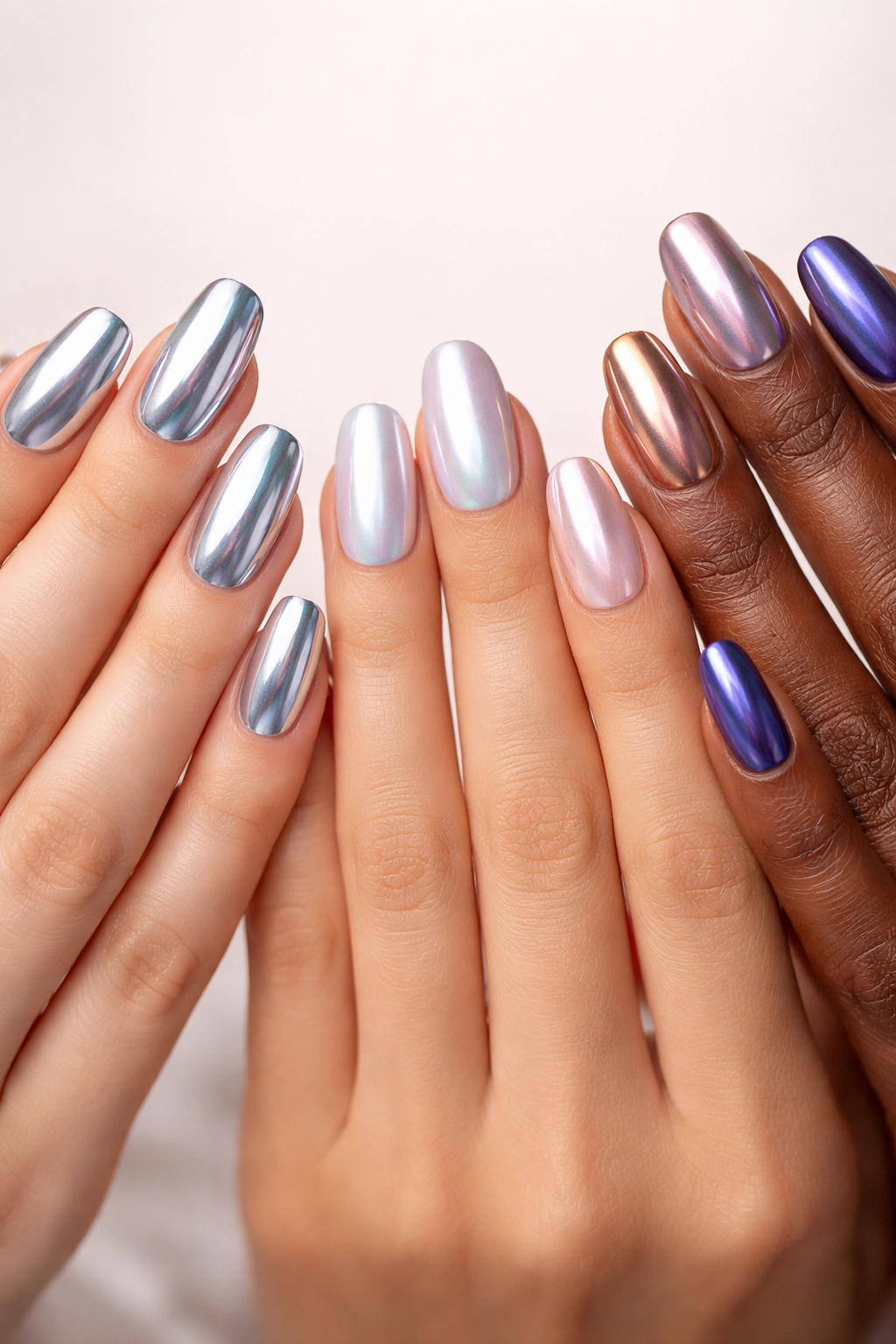 Close-up of chrome nails on hands showing silver, blue, rose gold, and pink finishes for different skin tones