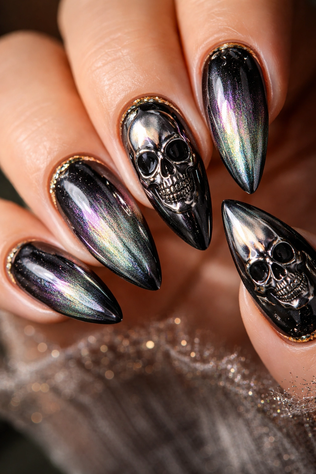 Almond nails with chrome gradient and skull details