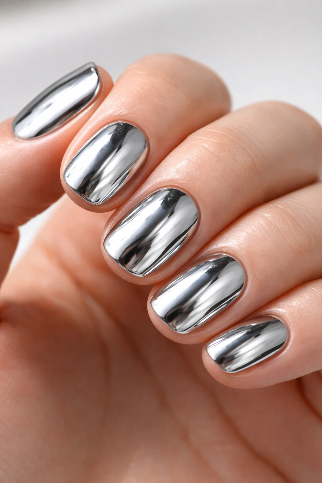 Close-up of short squoval nails with chrome metallic finish on a hand
