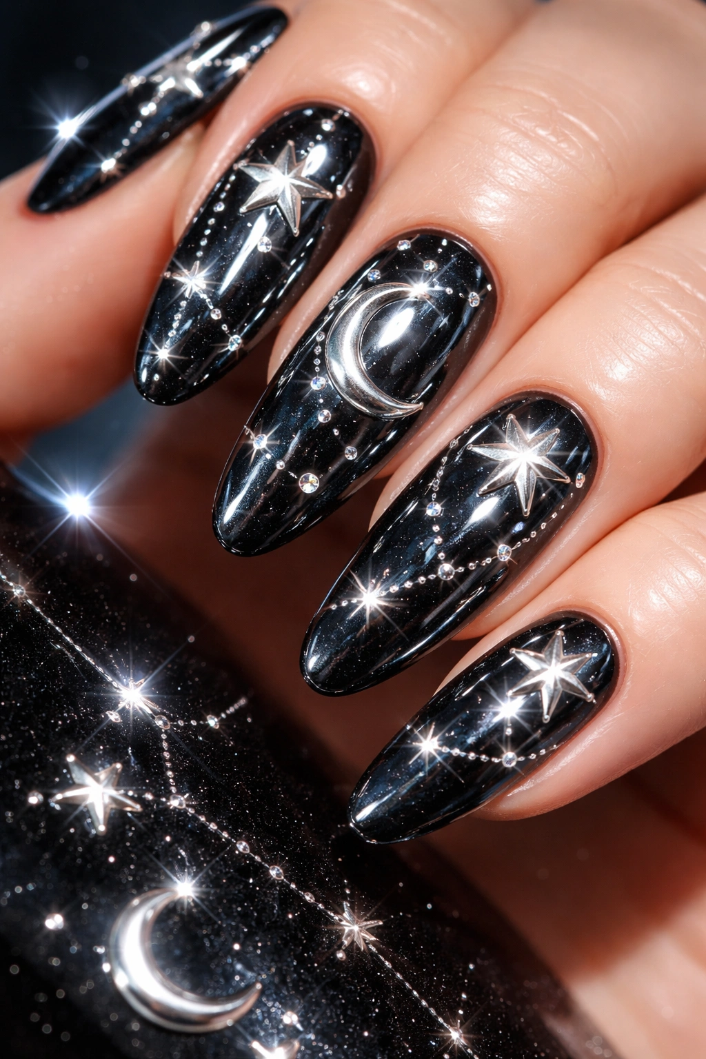Close-up of nails with silver chrome stars and moons on a dark base