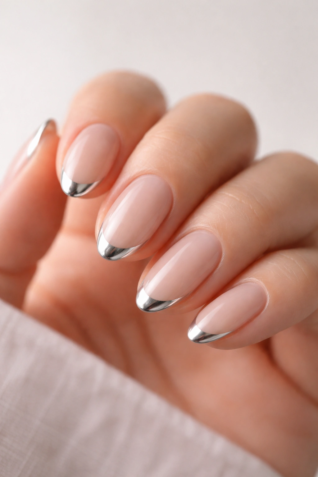 Close-up of chrome-tip short almond nails with sheer nude base on a neutral backdrop