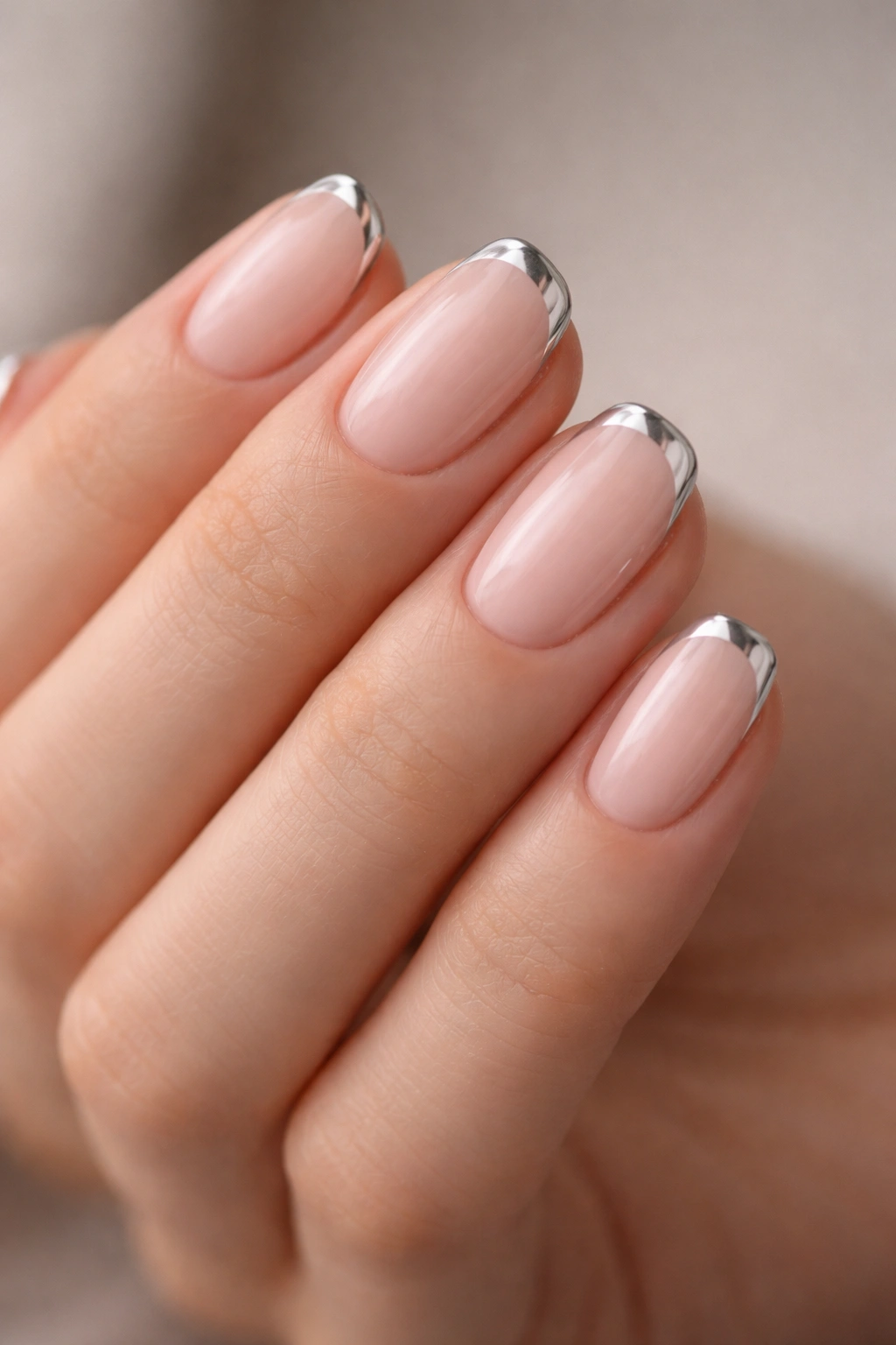 Close-up of chrome-tipped square-oval nails on a hand