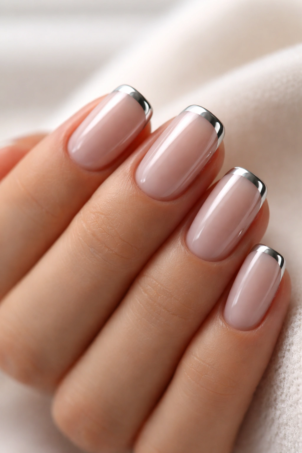Close-up of chrome-tipped square-oval nails with thin metallic edge