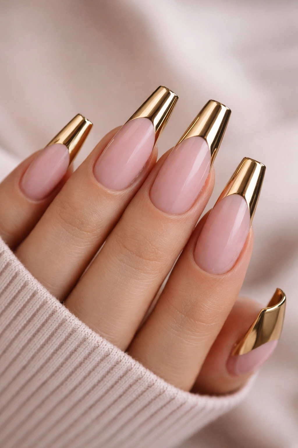 Close-up of long coffin nails with blush base and chrome tip
