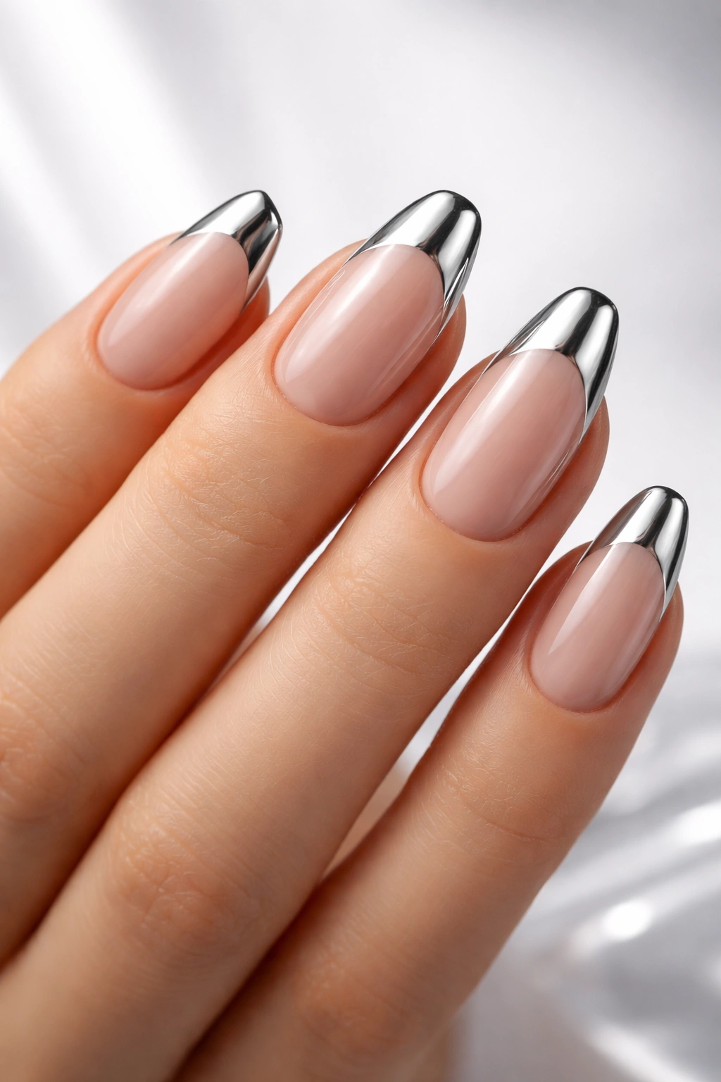 Nails with metallic chrome tips on nude base