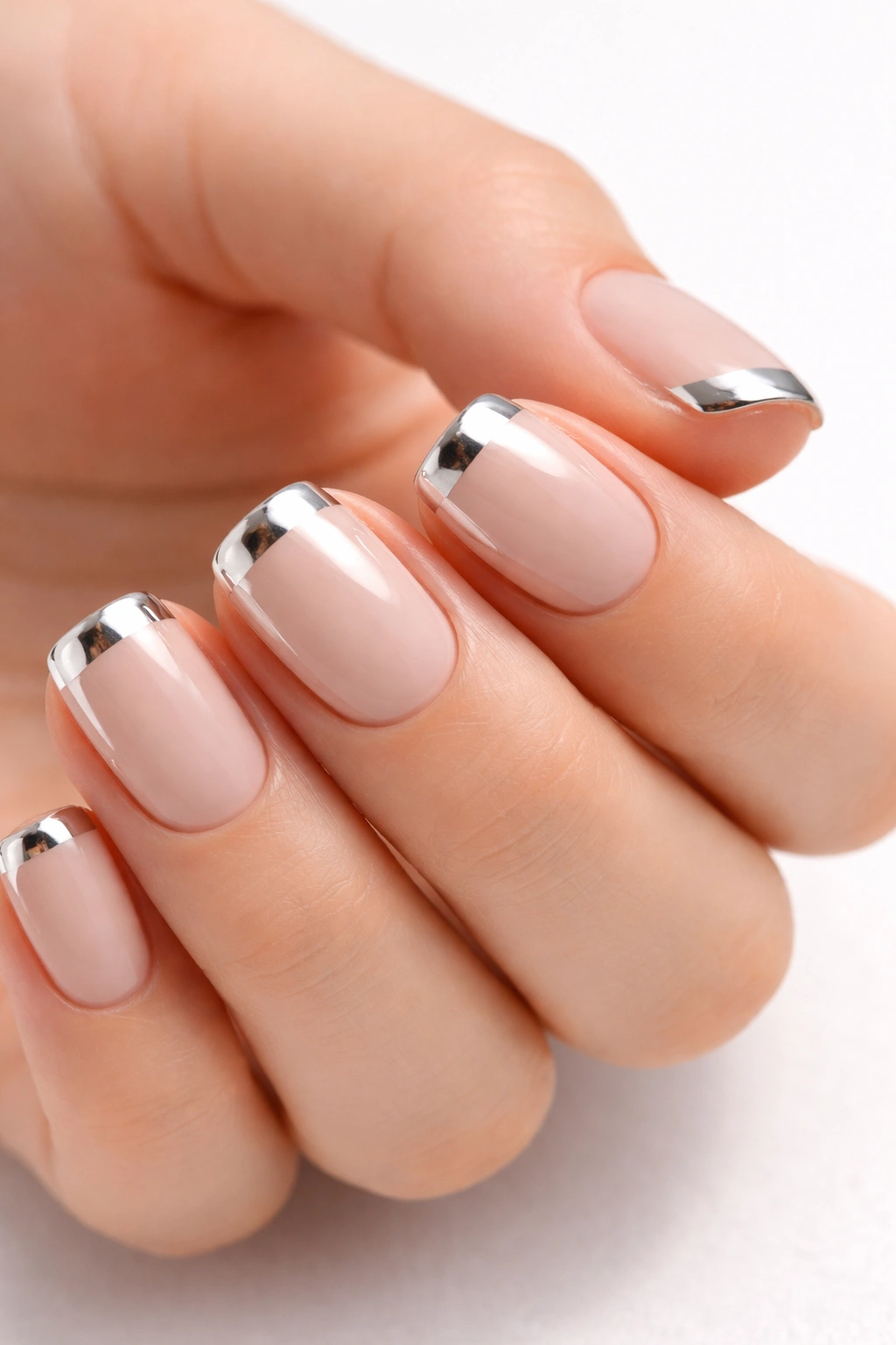 Short nails with chrome tips on a neutral base