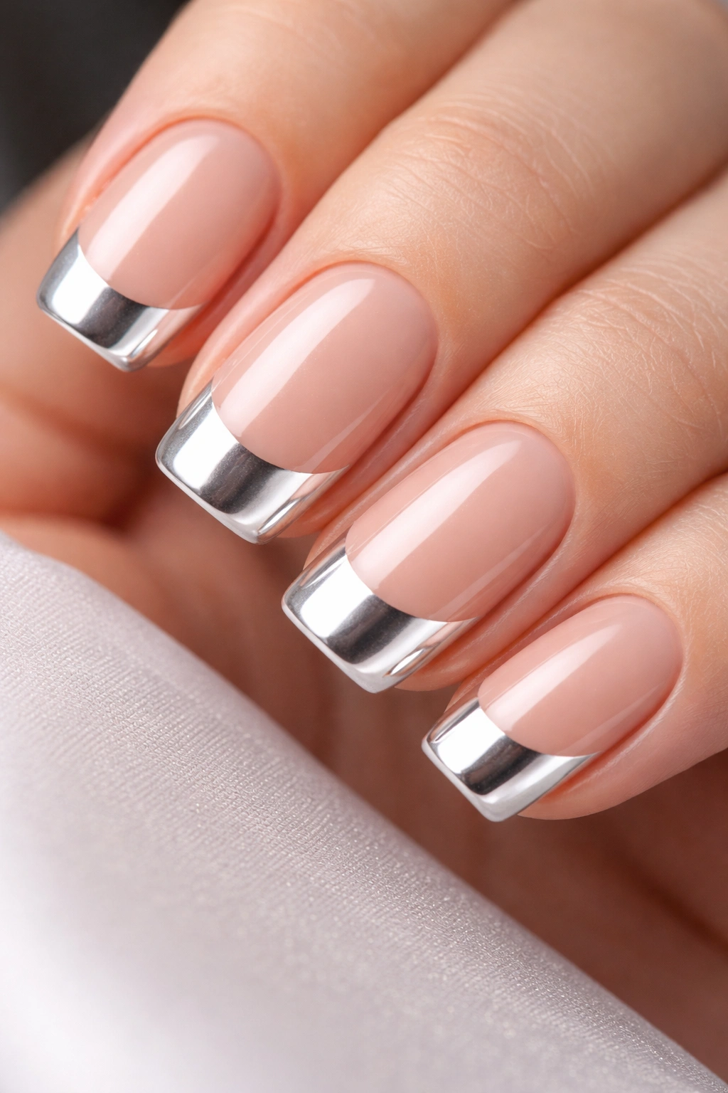 Close-up of short squoval nails with chrome tips over nude base
