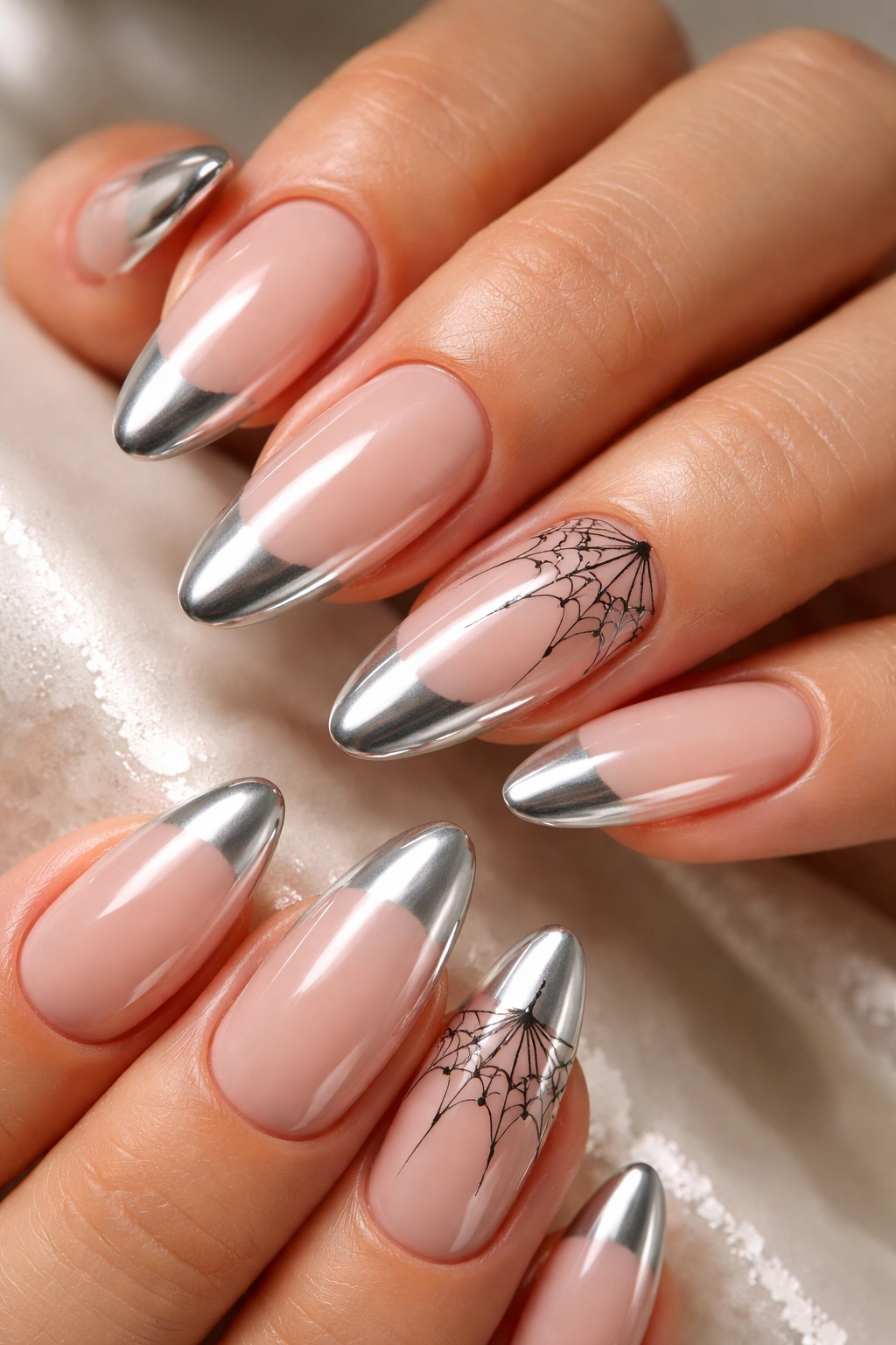 Close-up of almond nails with chrome French tips and spiderweb accents