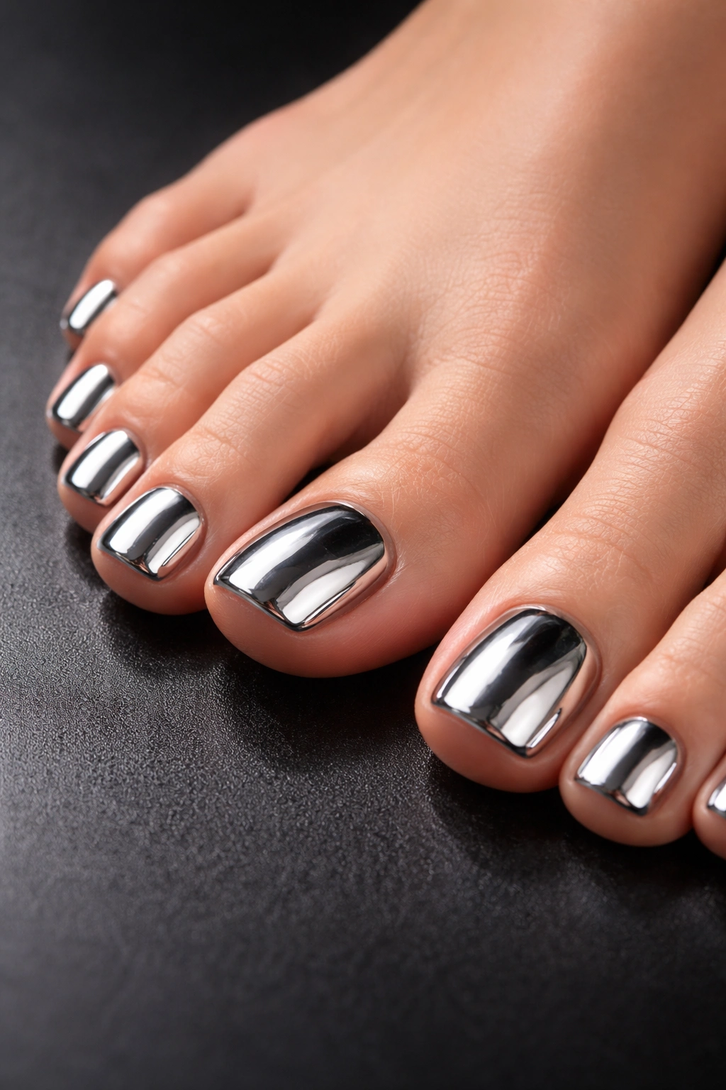 Close-up of chrome mirror finish toenails on dark surface
