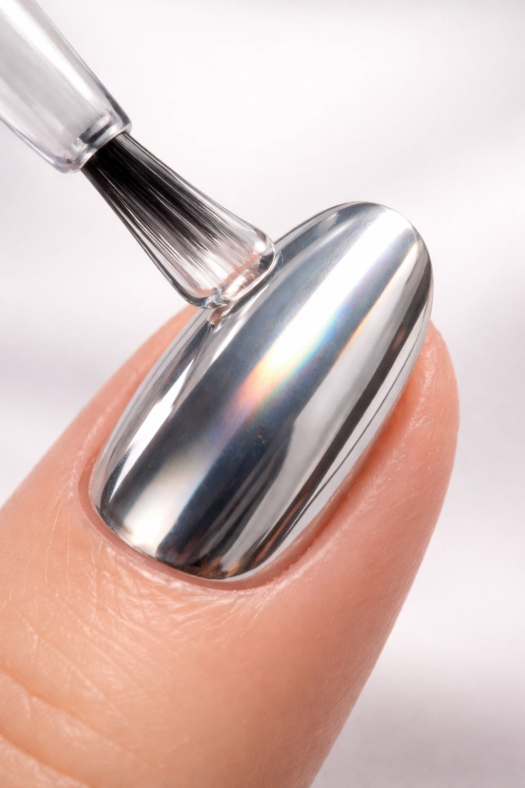 Chrome nail with a thin top coat floated to seal the finish