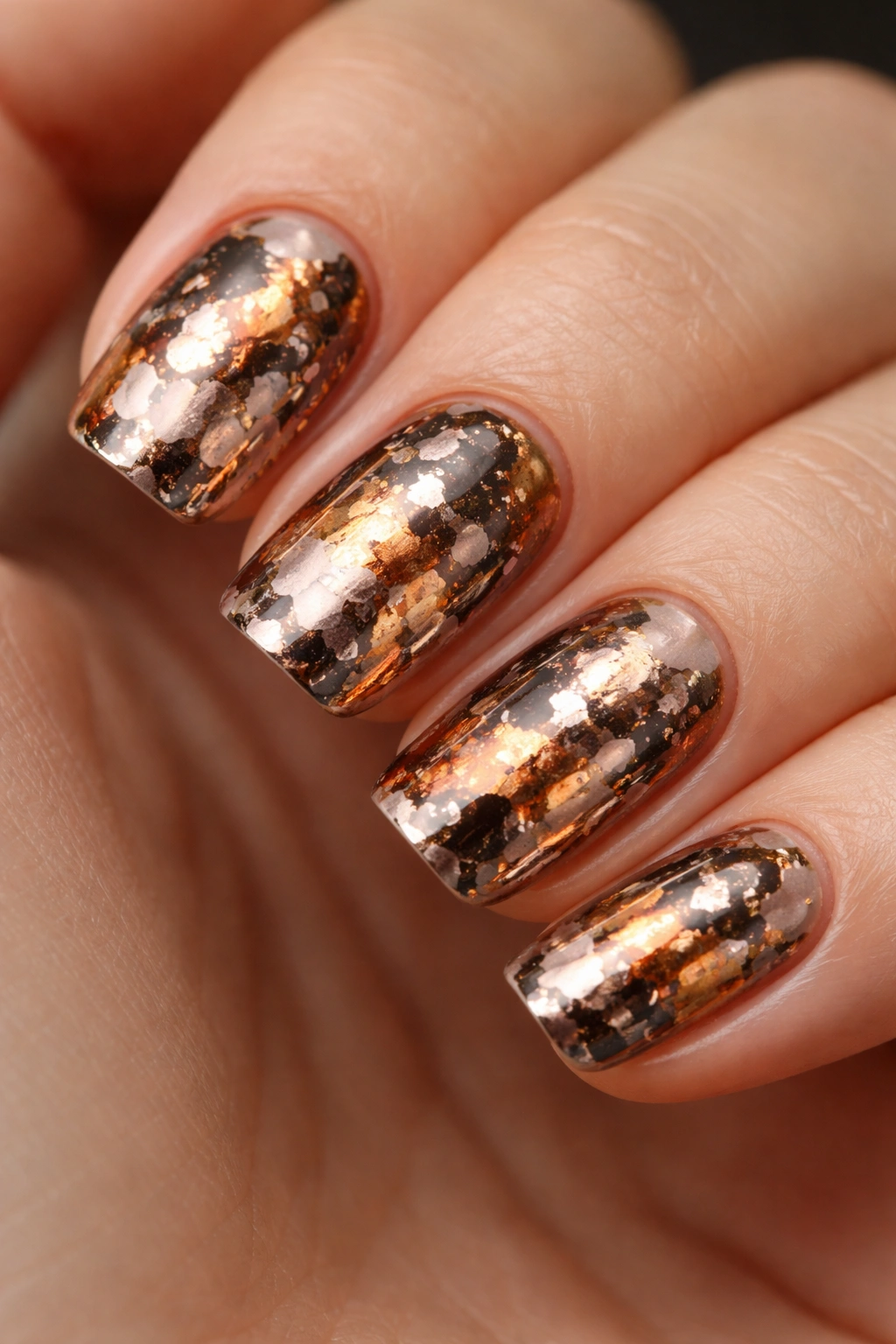 Close-up of short nails with chrome tortoiseshell pattern in bronze, rose gold, and gunmetal