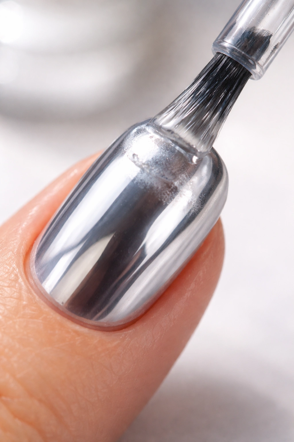 Chrome nail with patchy area and light top coat touch-up