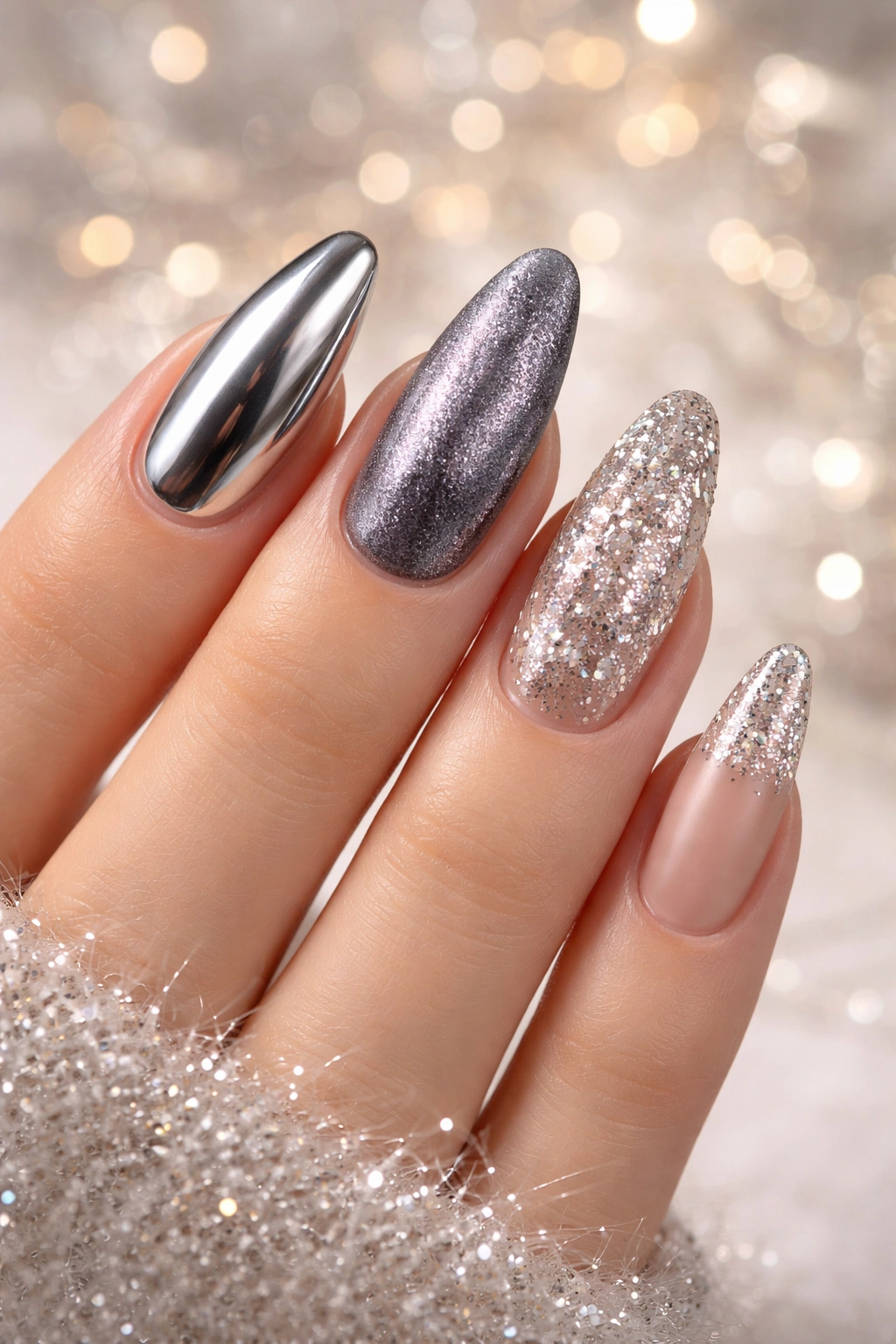 Close-up of chrome velvet New Year's Eve nails with sparkle on a neutral backdrop.