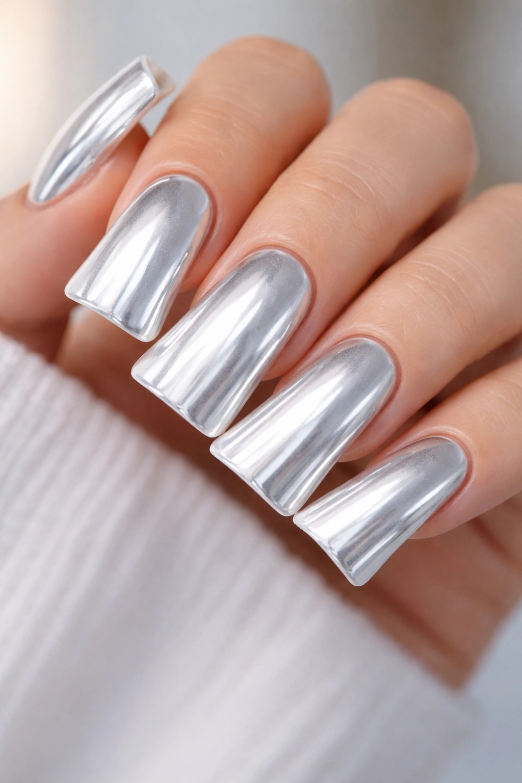 Close-up of chrome finish on white duck nails
