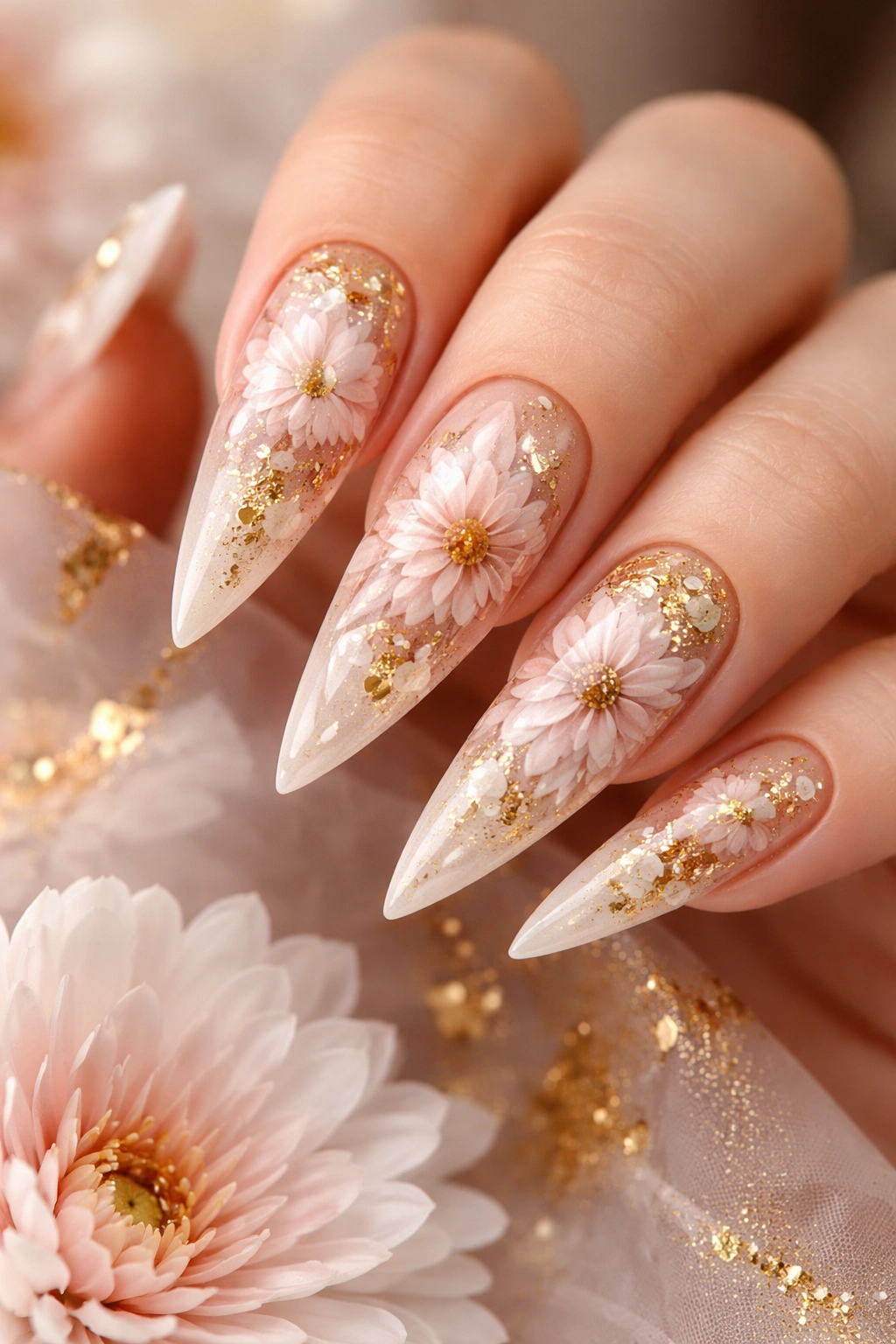 Chrysanthemum floral nails with gold leaf accents on stiletto nails