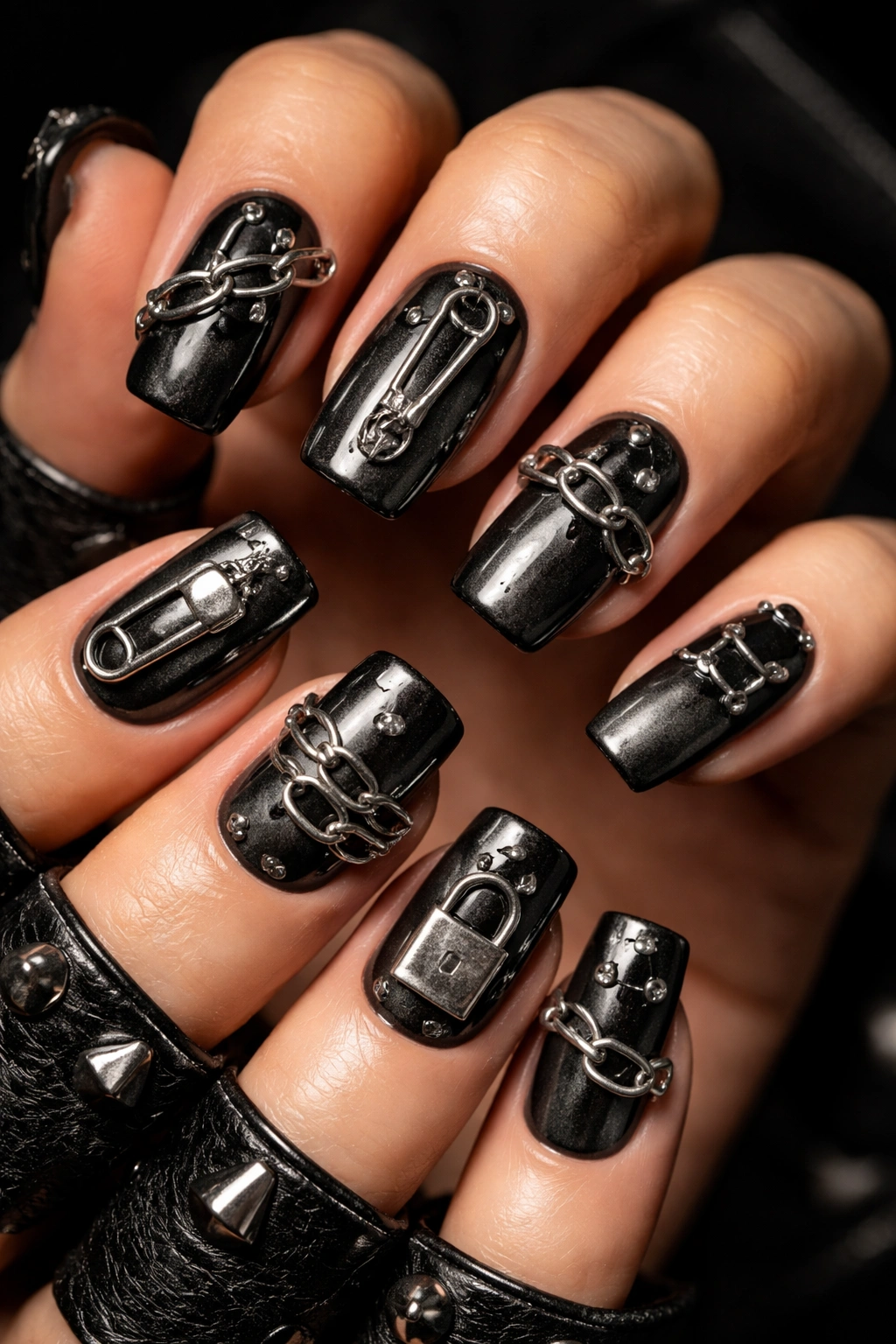 Nails with chunky chain links and punk hardware