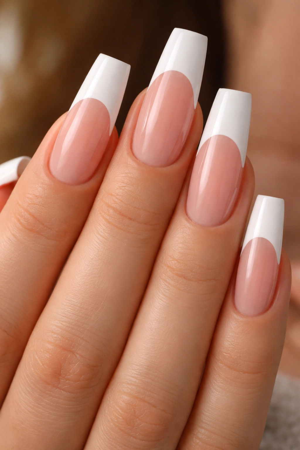 Close-up of long ballerina nails with chunky white tips on sheer nude base