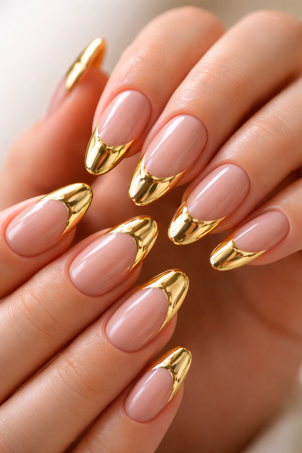 Close-up of almond nails with a thick molten gold tip on a neutral base
