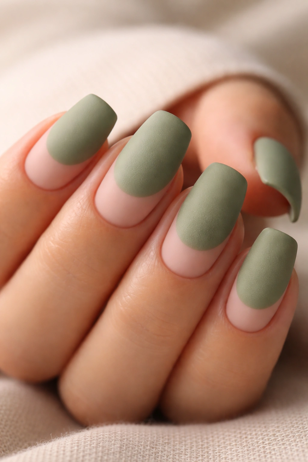 Short almond nails with chunky sage tips covering most of the nail