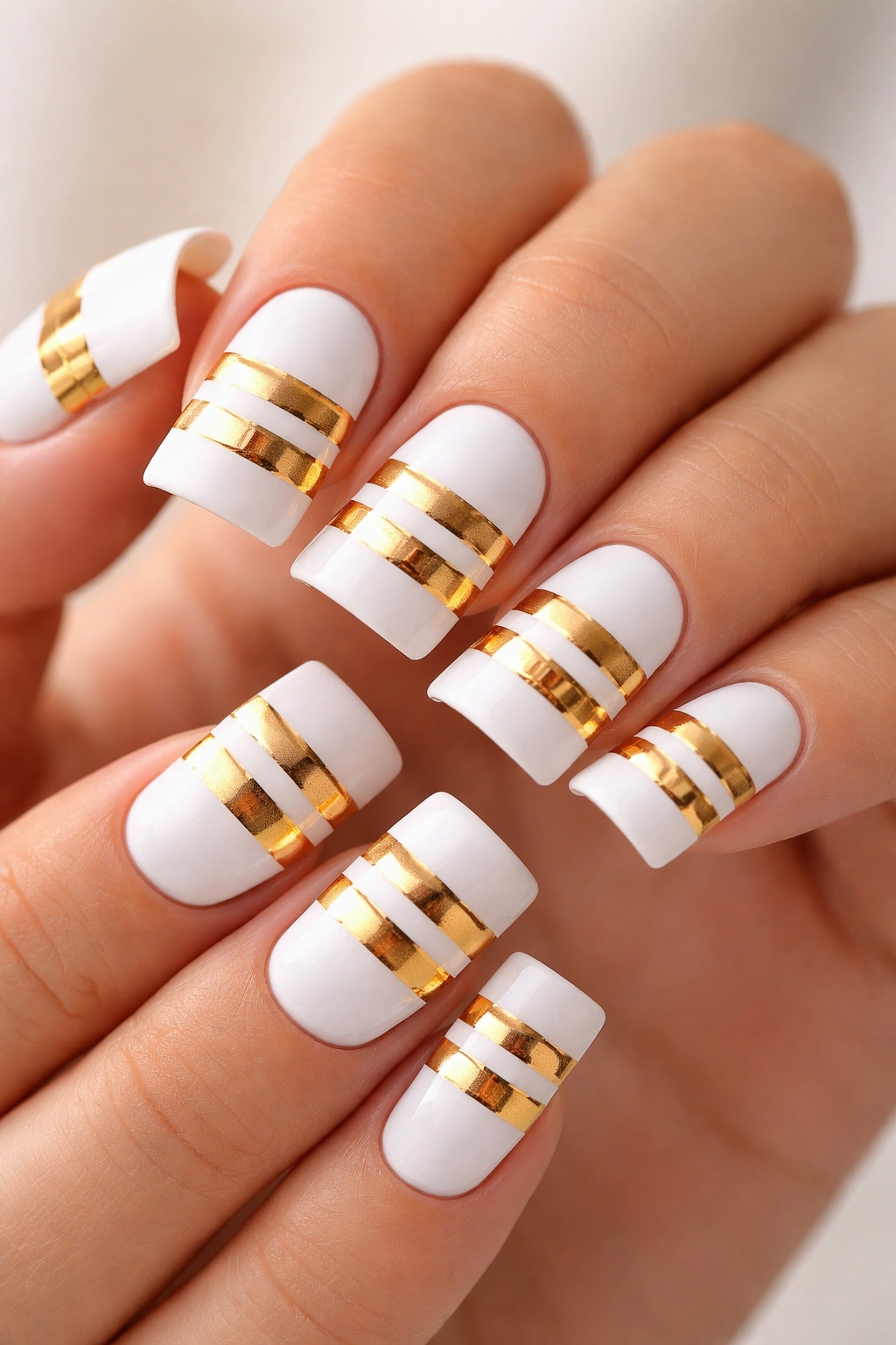 Close-up of white nails with chunky gold horizontal stripes on a neutral backdrop