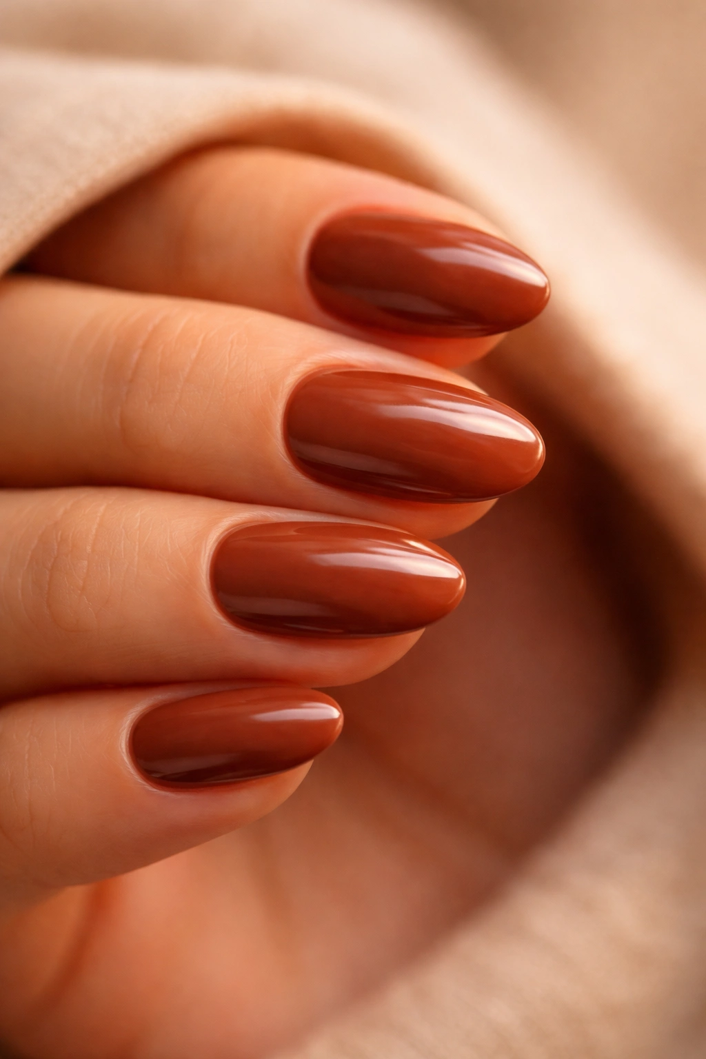 Short almond nails in cinnamon brown with warm glow.