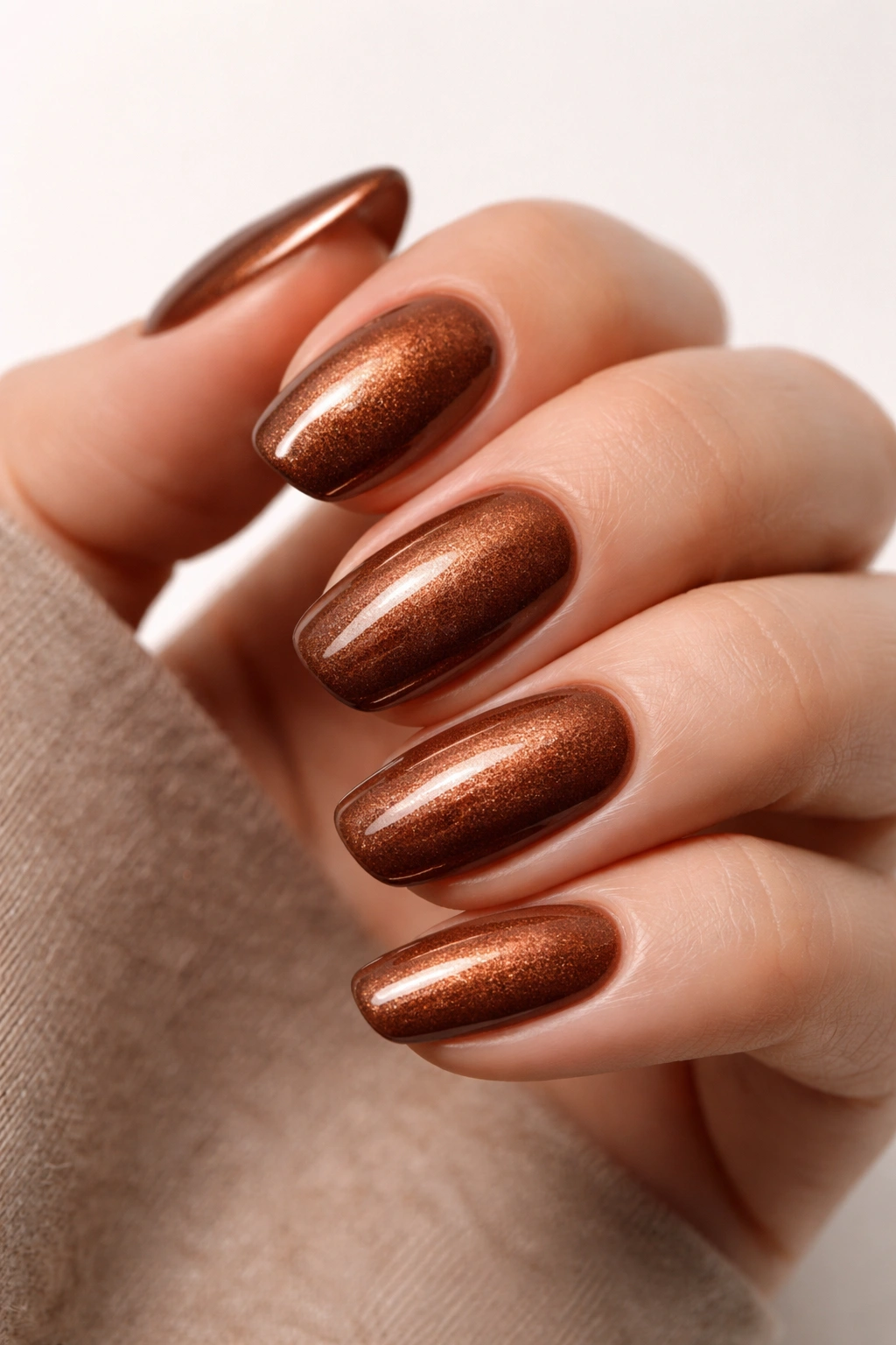 Close-up of cinnamon brown nails with copper shimmer