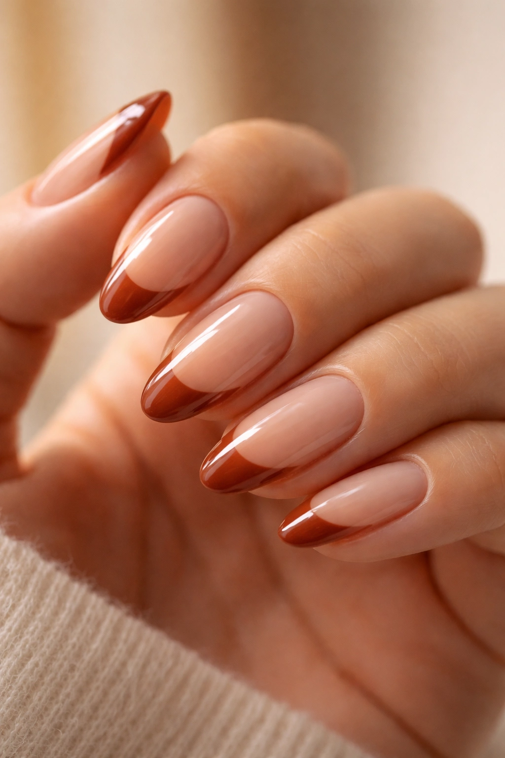 Almond nails with cinnamon tips and glossy finish on translucent base