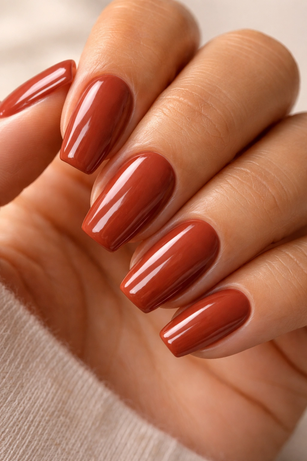 Close-up of cinnamon red-brown cream nails on short ballerina nails.