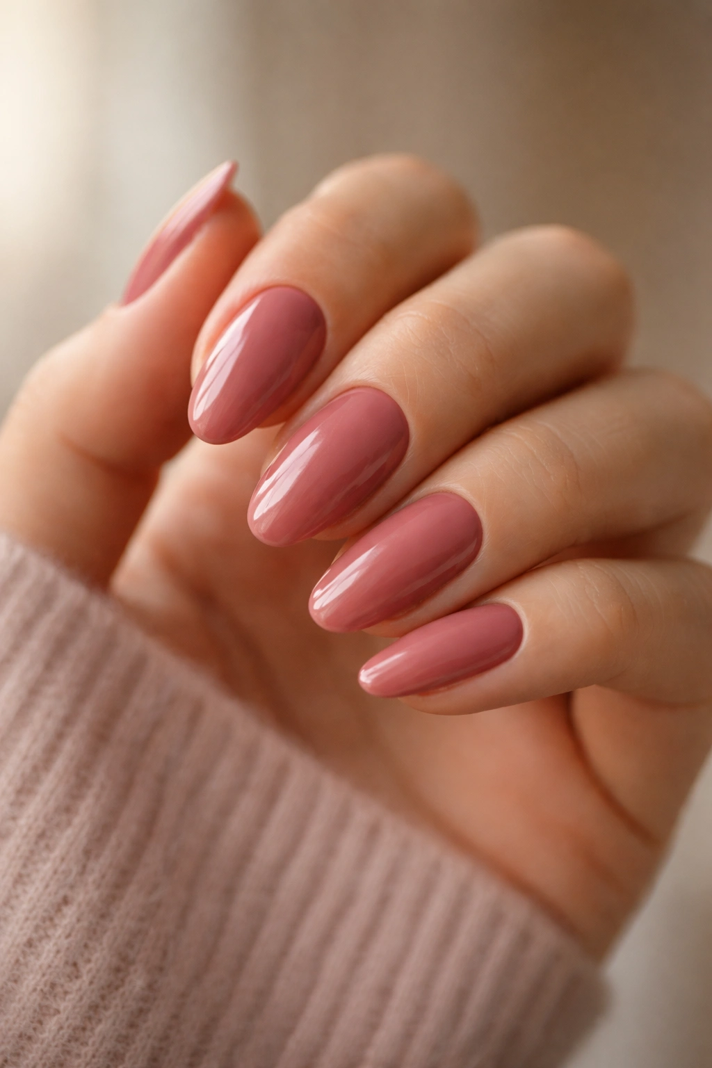 Close-up of long oval nails in cinnamon rose shade