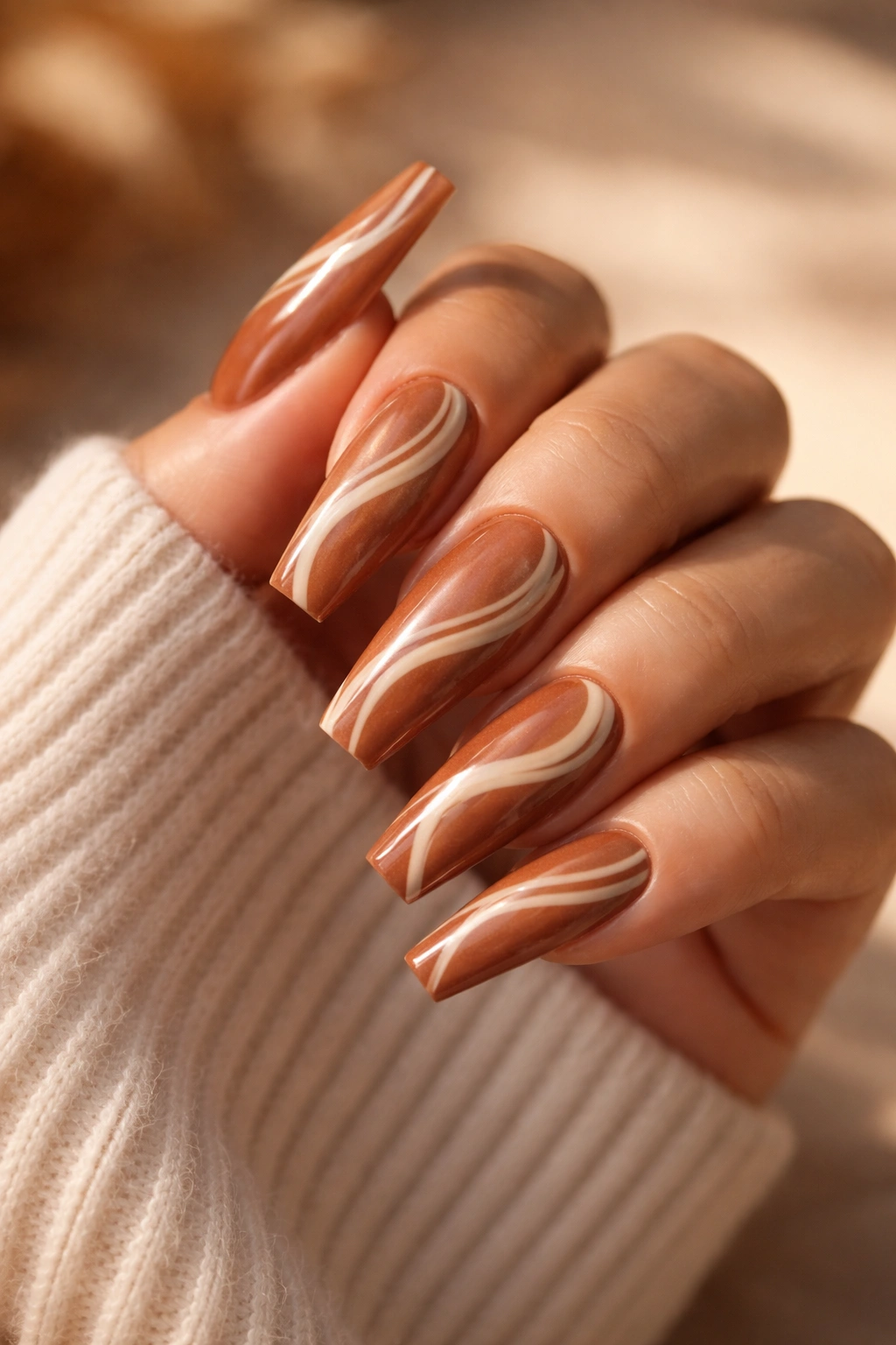 Close-up cinnamon spice coffin nails with cream swirls
