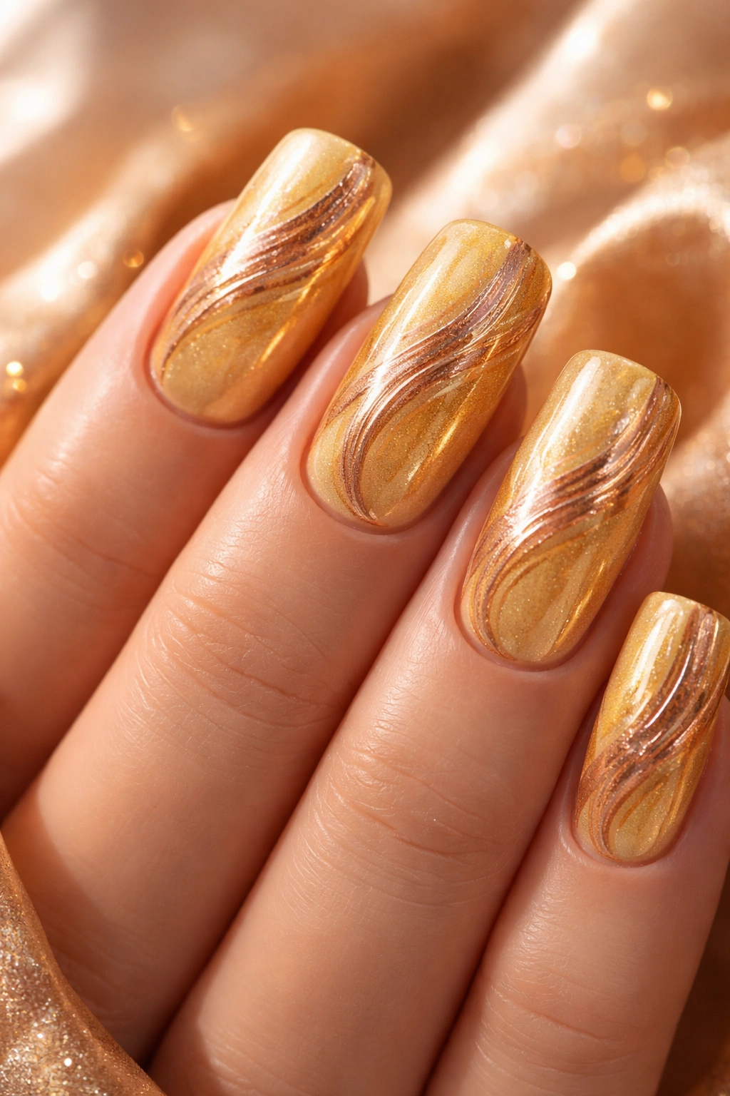 Close-up of Citrine Yellow with Metallic Swirls nails showing warm yellow and gold swirls