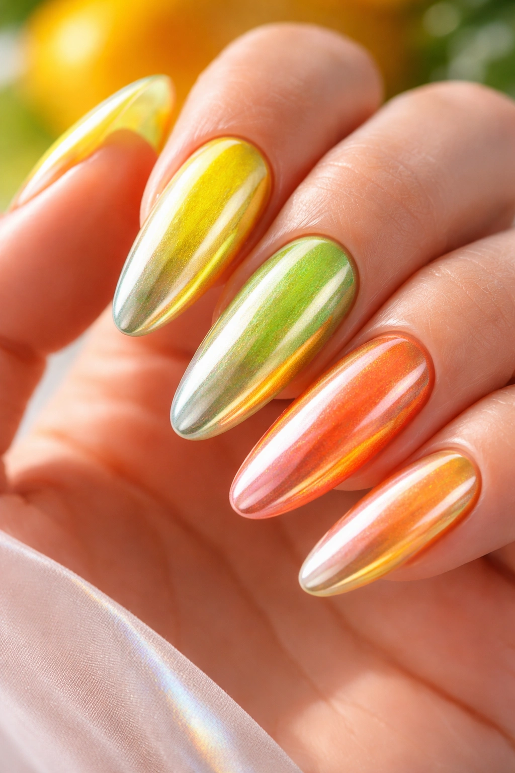 Close-up of citrus chrome nails with bright yellow and lime hues and a chrome finish