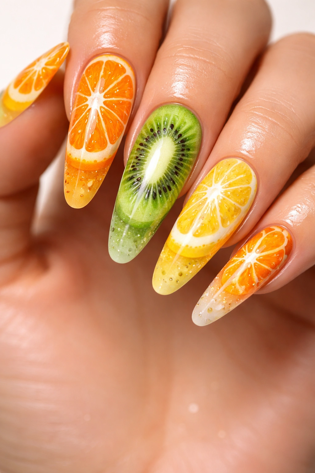 Long nails with hand-painted orange slices, kiwis, and lemons close-up