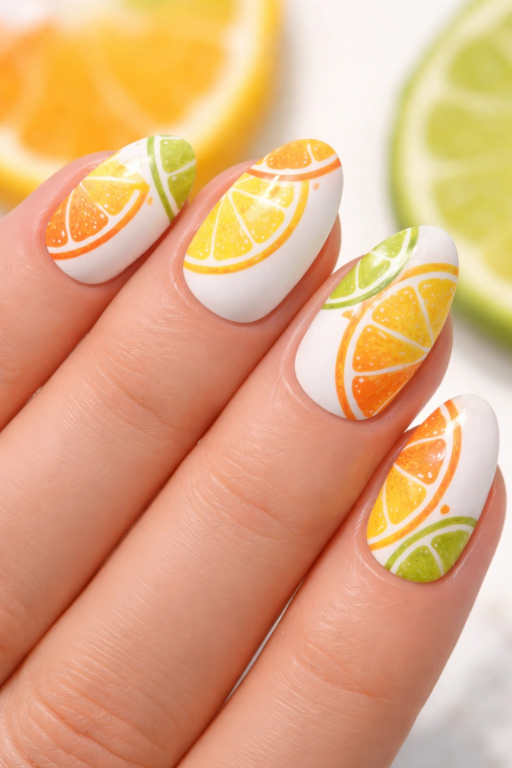 Nails with citrus slice pattern on white base